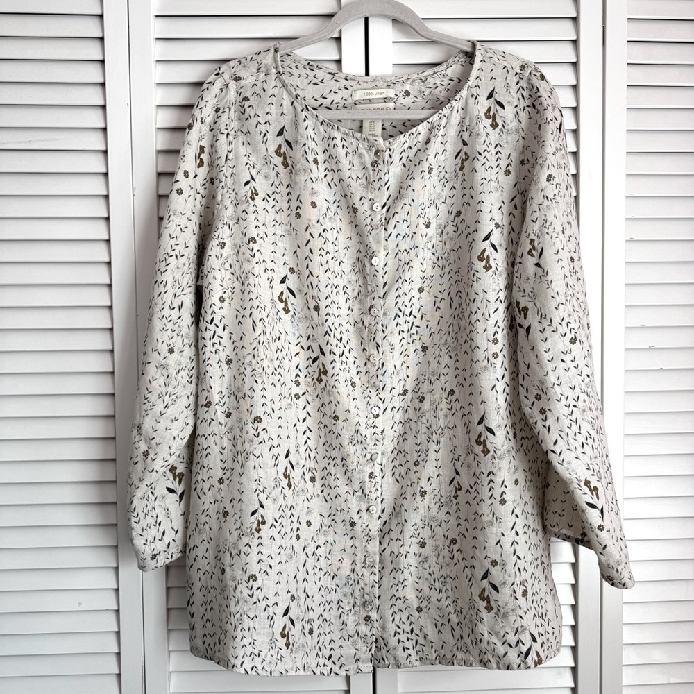 Cynthia Rowley Linen Floral Shirt Top Roll Tab Sleeves Size 1X
